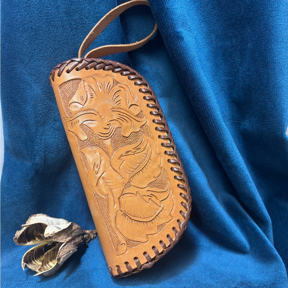 Handtooled Tan Leather Wrist/Clutch coin purse